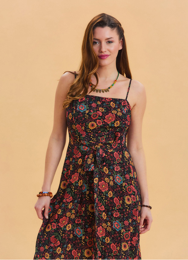 Thin Strap Waist Tie Black Floral Dress 4549